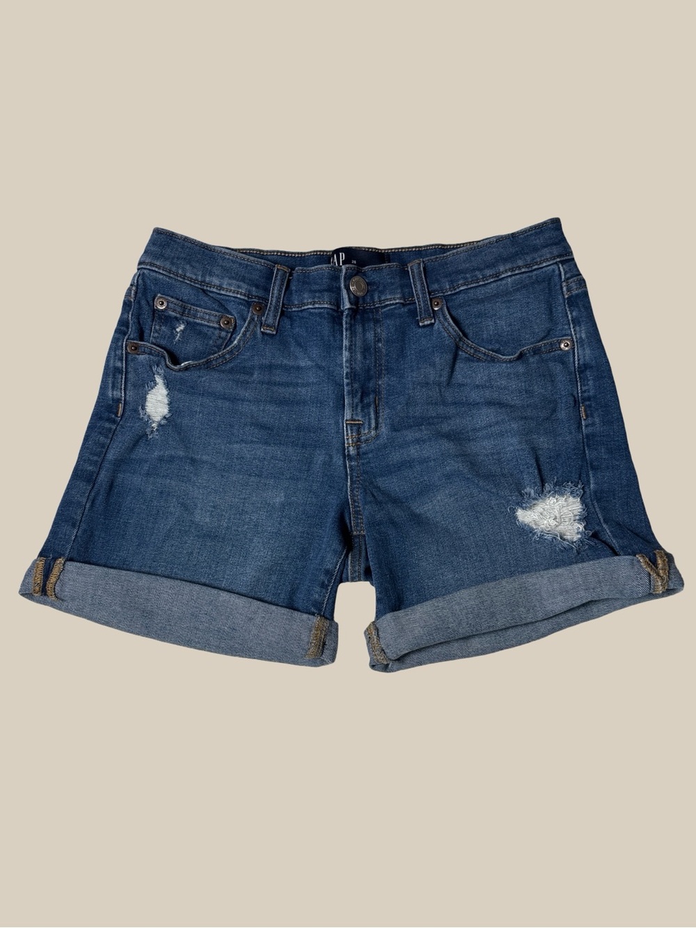 Gap Women’s Denim Shorts Distressed, Medium Wash, Rolled Hem,  5” Inseam SZ 26